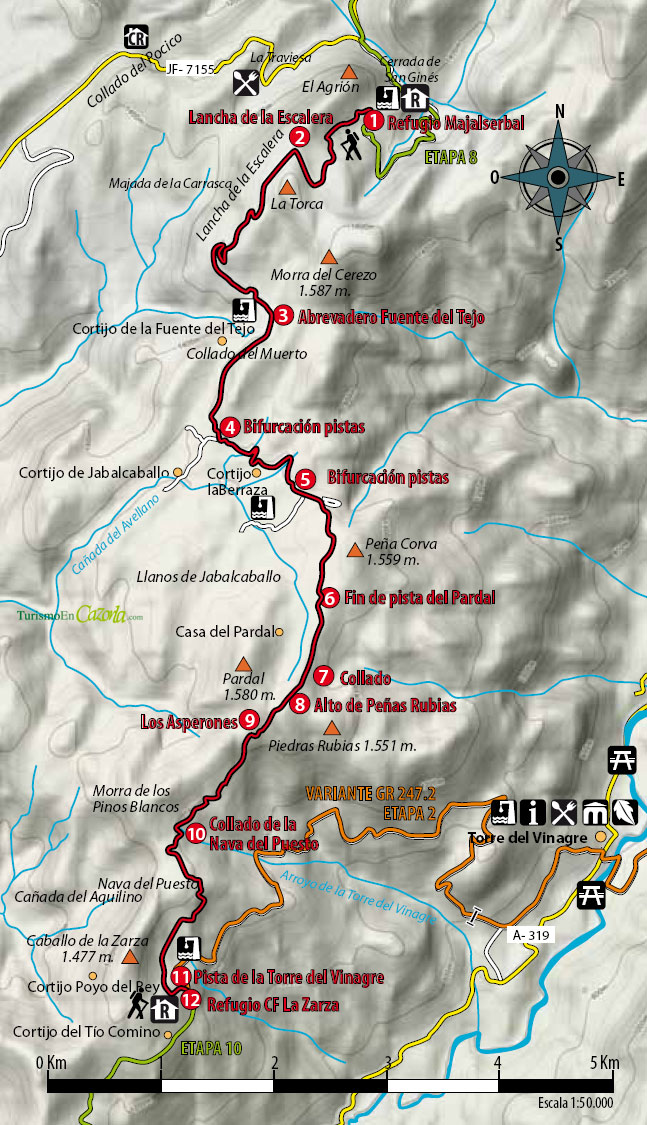 Mapa Sendero ETAPA 9 Refugio Majalserbal - Refugio Casa Forestal La Zarza