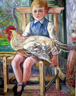 Niño Sentado con un Pollo en las Piernas