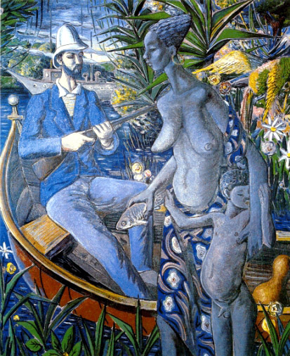 Cazador con Salacof y Mujer en Barca