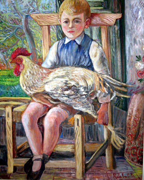 Niño Sentado con un Pollo en las Piernas