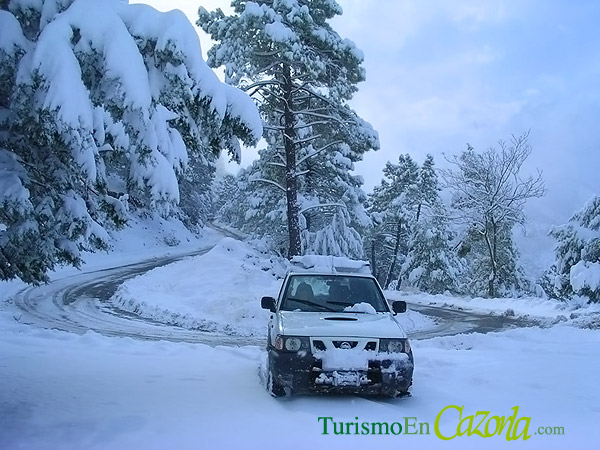 Carretera de acceso a la sierra de Cazorla bajo la nieve