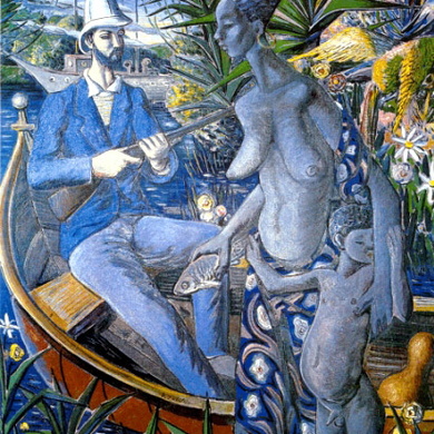 Cazador con Salacof y Mujer en Barca