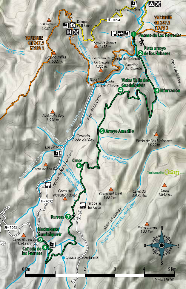 Mapa Sendero DERIVACIÓN 11 Puente de las Herrerías - Nacimiento del Guadalquivir