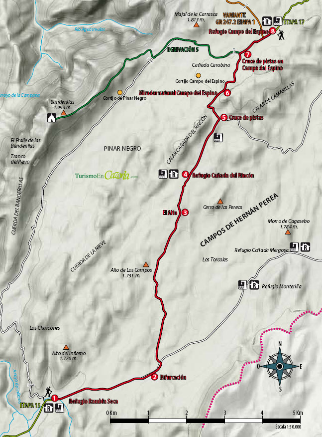 Mapa Sendero ETAPA 16 Refugio Rambla Seca - Refugio Campo del Espino